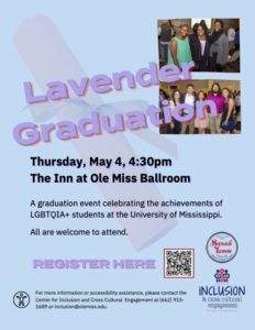 Blue background with two photos in the top right corner of students in lavender graduation cords